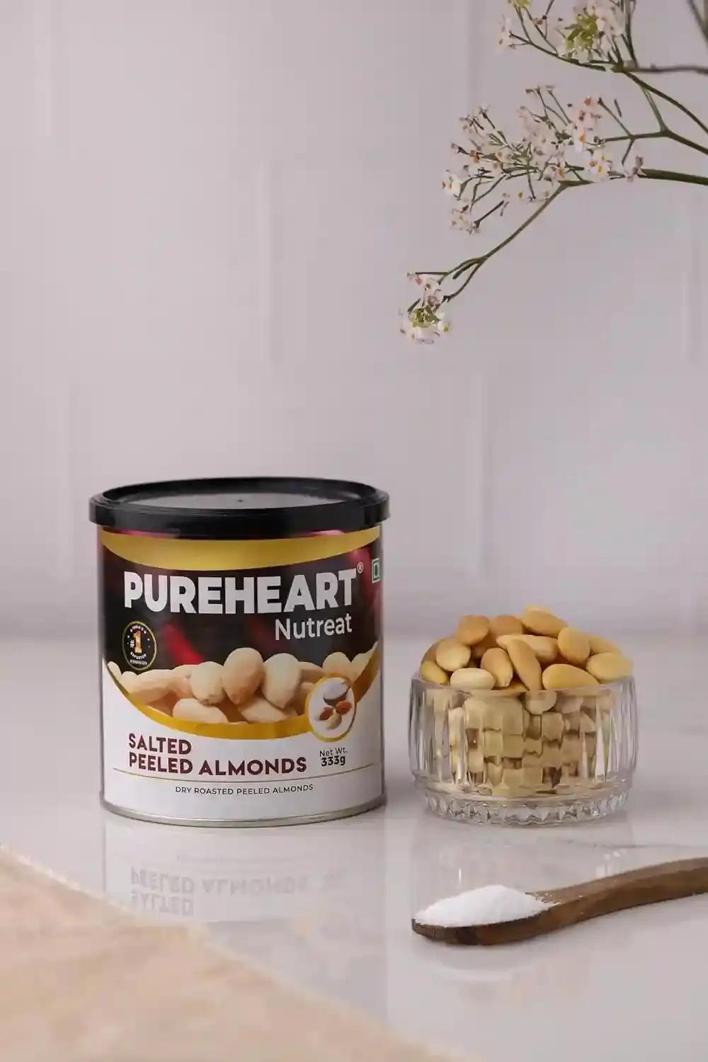 PUREHEART Nutreat Dry Roasted Salted Peeled Almonds, Premium California Whole Blanched Almond Nuts Without Skin/Dry Fruit, Crunchy Dried Badam (333gm)