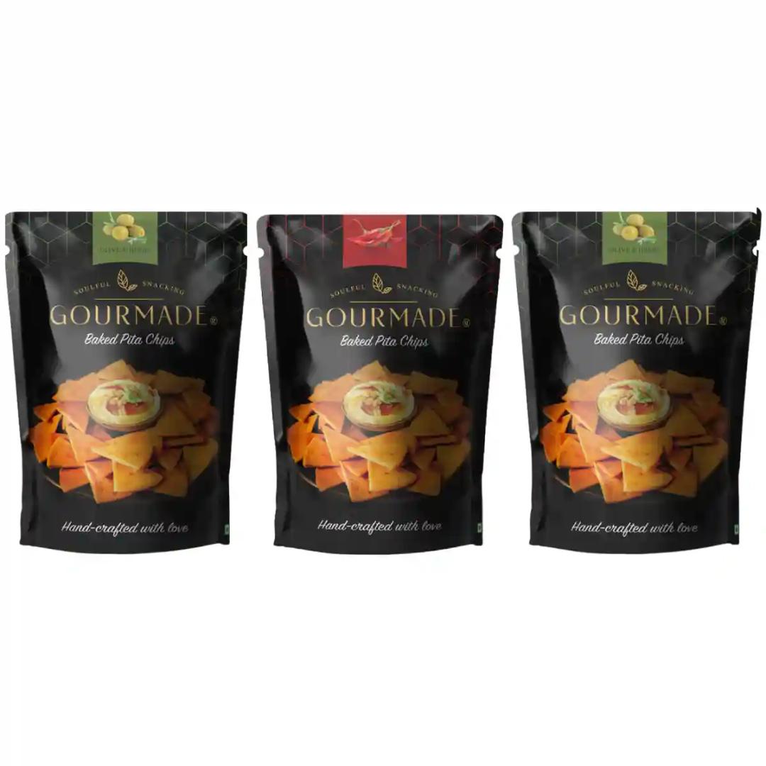 Gourmade Pita Chips Snacking Combo of 2 Olive & Herbs, 1 Chipotle (375gm)