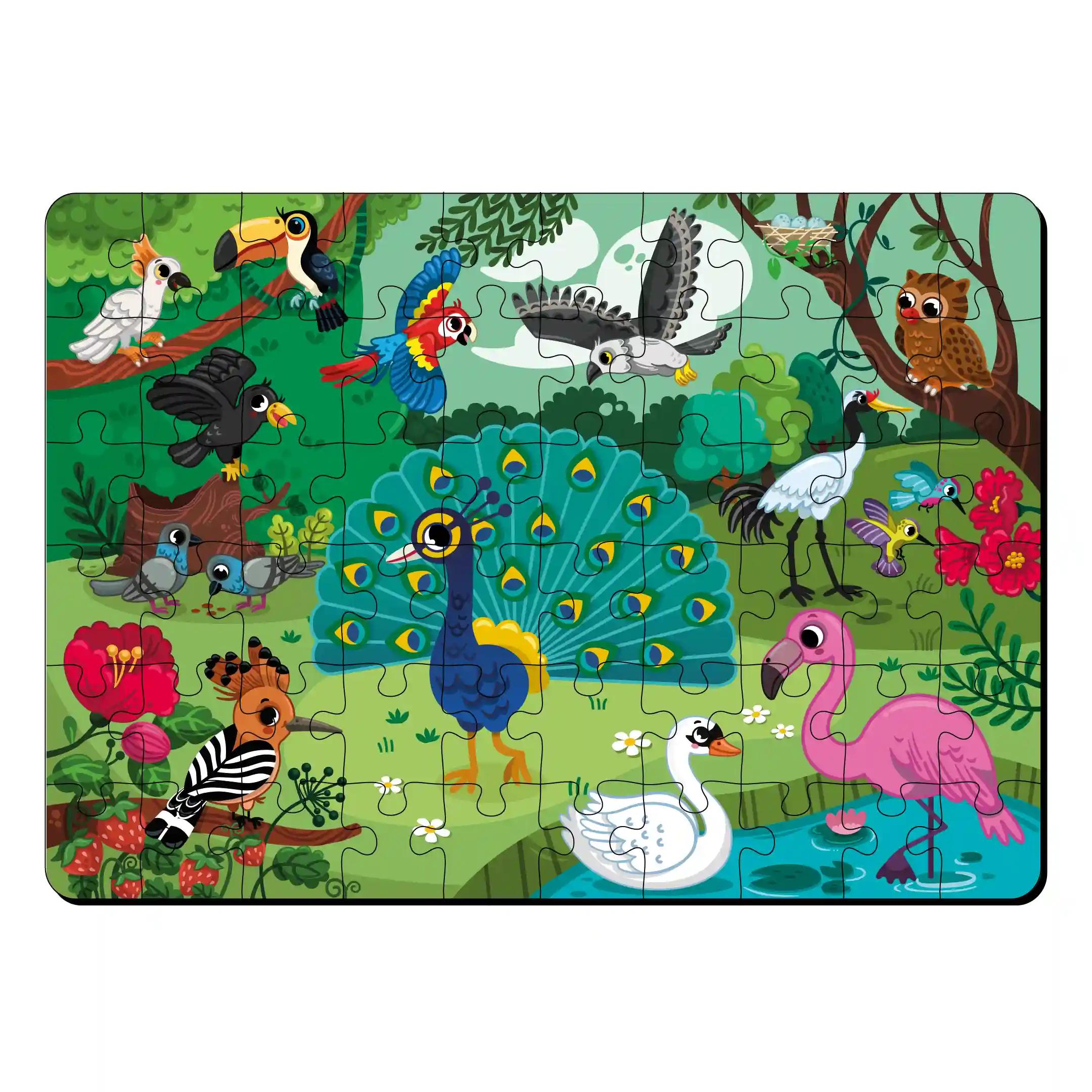 Mini Leaves Jungle Birds 60 Piece Wooden Jigsaw Floor Puzzle with Knowledge Cards