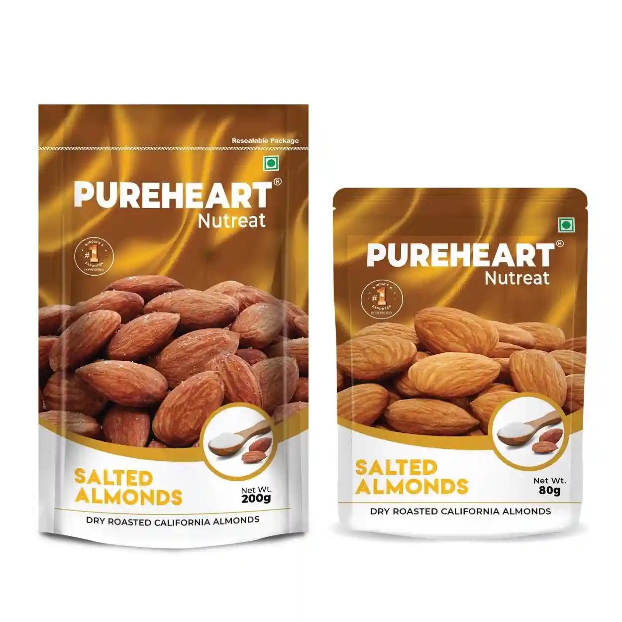 PUREHEART Dry Roasted Nutreat Salted Almonds Pack of 200 gm & 80 gm Natural Premium California Almond Nuts/Dry Fruit, Crunchy & Delicious Almonds Combo - Resealable Pouch