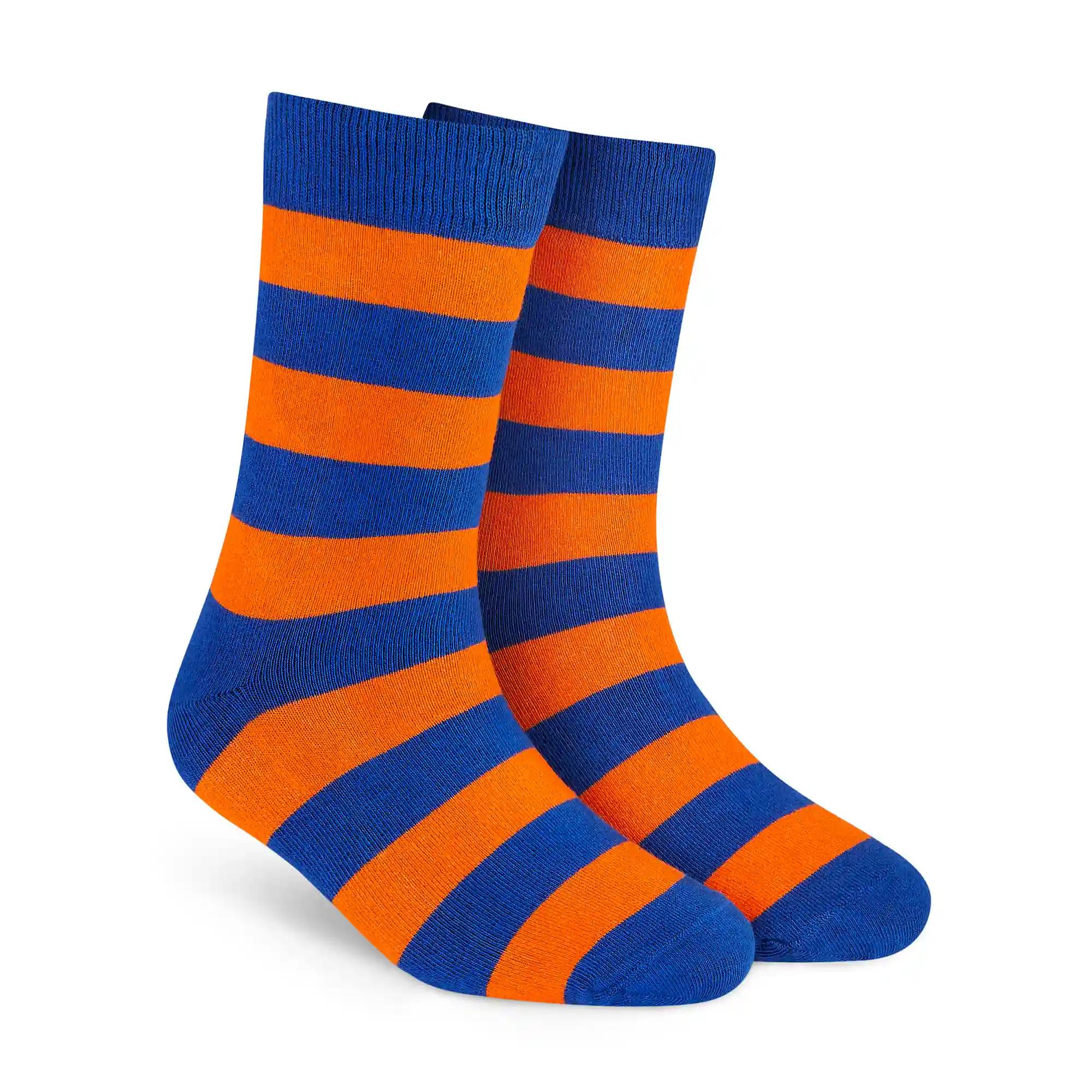 DYNAMOCKS Men's and Women's Combed Cotton Stripes Crew Length Socks (Pack of 1) (Multicolour, Free Size)-Crew_Bold_Stripes_4.0_Orange_Blue