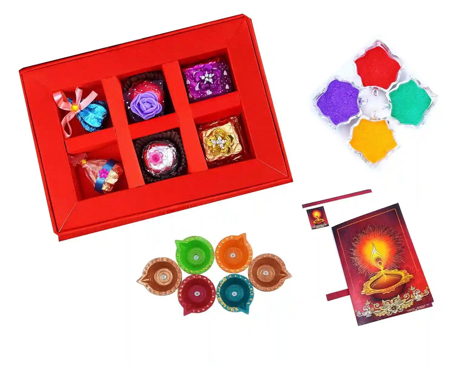 MANTOUSS Diwali Chocolate Gift in Premium Red Satin Box + 4 Cute Diya, Diwali Greeting Card and Rangoli Colours