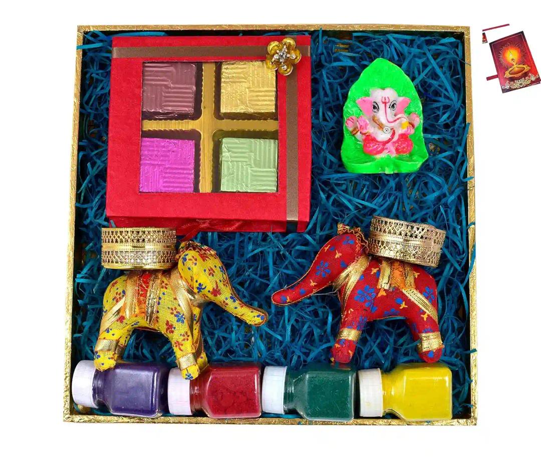 Diwali gift items/diwali gifts for friends and family/diwali gifts for employee-Decorated box+Chocolate box+Pair of Elephant Shape Candle Holder+4 Rangoli Colours+Showpiece figurine+Greeting Card