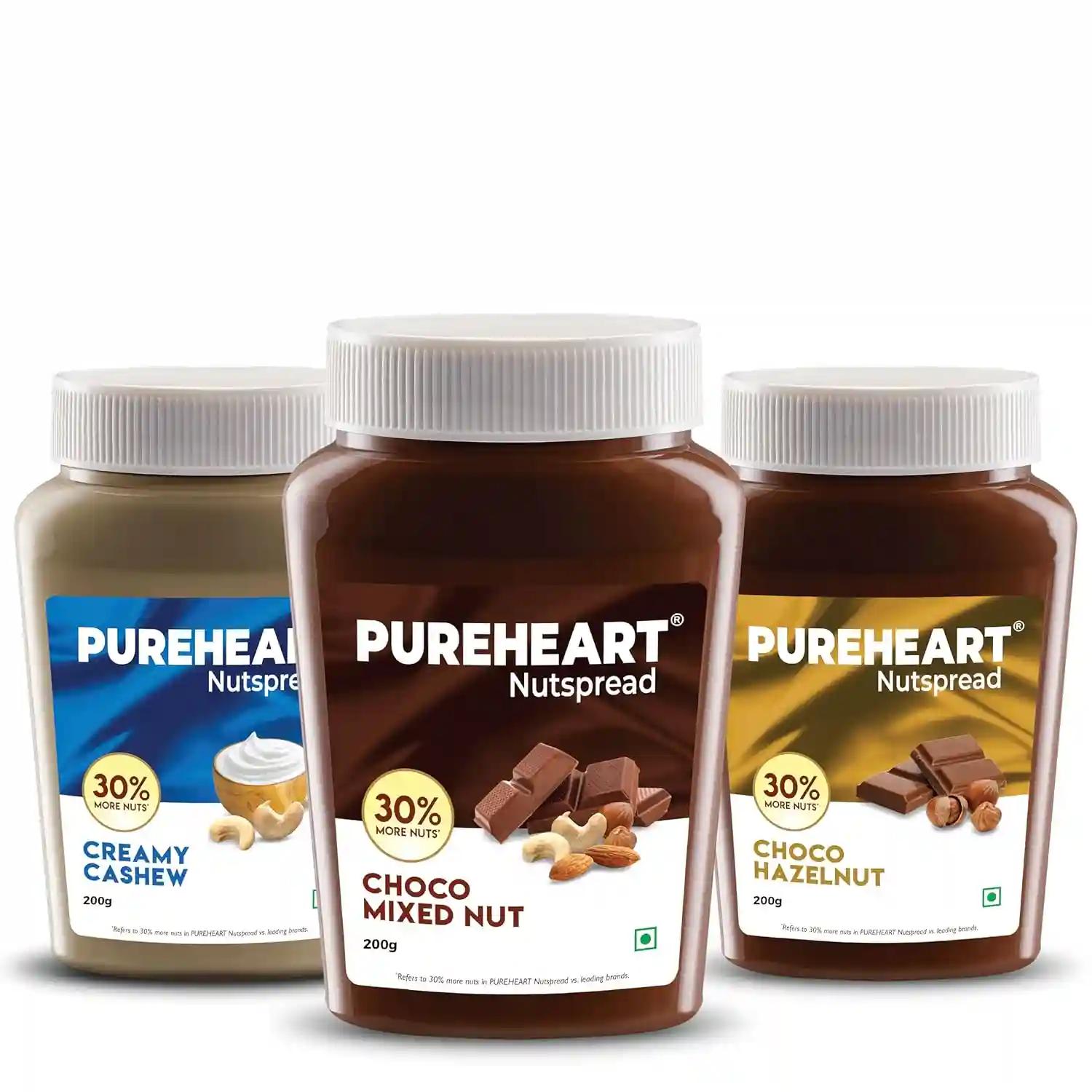 PUREHEART Nut Spread Combo of Creamy Cashew (200 gm) Choco Hazelnut (200 gm) and Choco Mixed Nut (200 gm) Creamy and Nutty Chocolate Spread for Breakfast