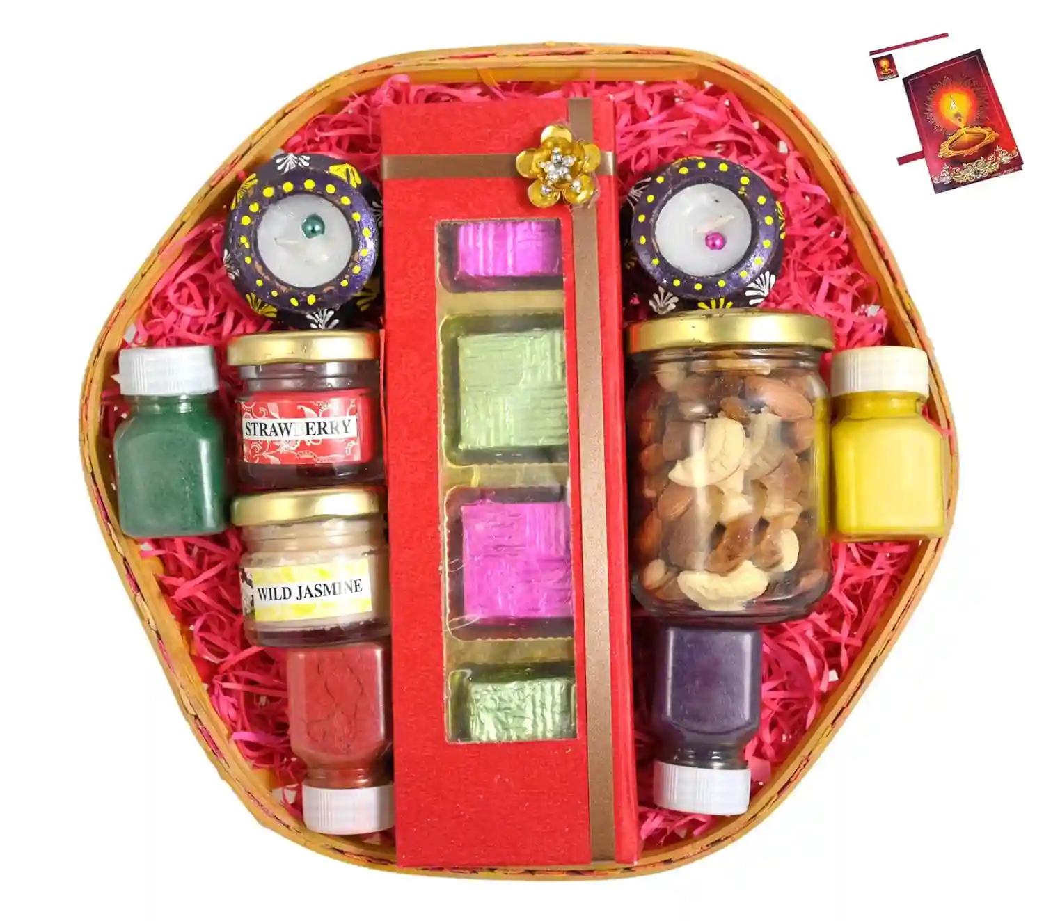 Diwali dry fruits gift box/diwali dry fruits gift hamper/diwali dry fruits gift box-decorated basket+1 jar of mixed dry fruit+2 jar of scented candle+2 designer Diya+4 Rangoli Colours+Diwali Car