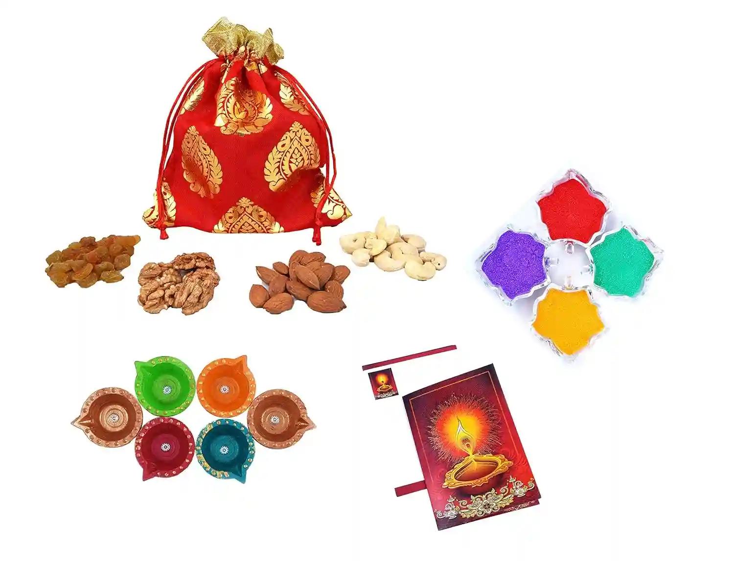 MANTOUSS Diwali Dry Fruit Red Exclusive Potli-Cashew,Almond,Walnut and Raisin (50gms Each) 200gms + 2 Cute diyas, Rangoli Colours and Diwali Greeting