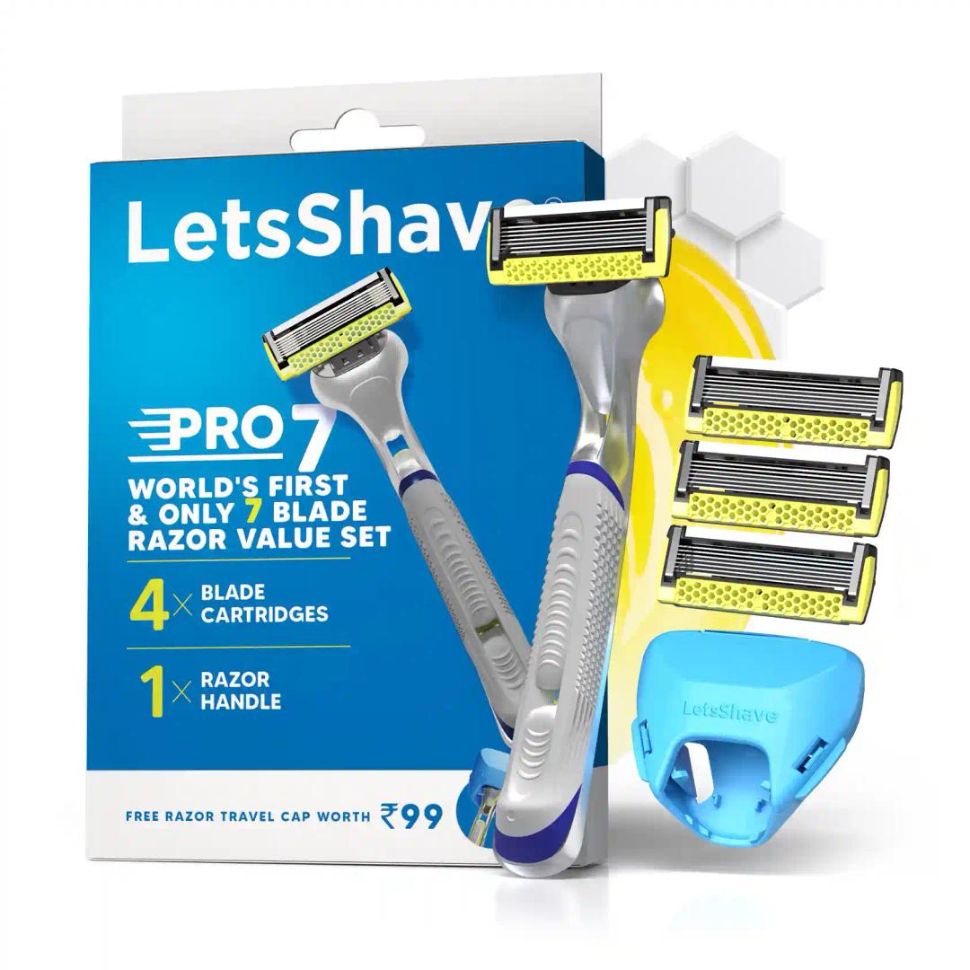 LetsShave Pro 7 Max Value Set Shaving Razor for Men with 1 Handle & 4 Blades + Razor Cap World's First 7-Blade Razor with Honey Comb Bar, Shaving Kit