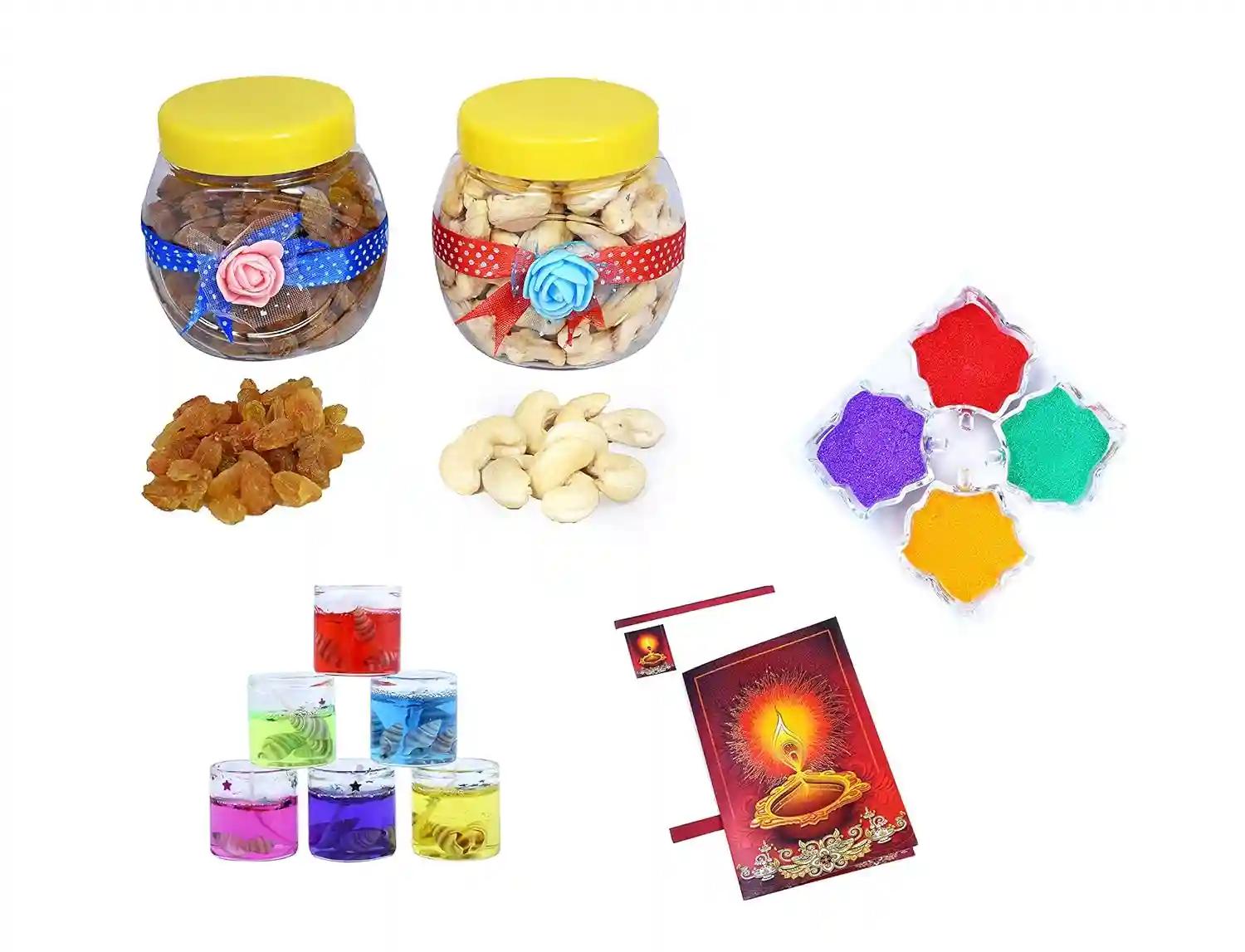 MANTOUSS Deepawali/Diwali Dry Fruit Decorated Jar-Cashew and Raisins(100gms Each),200 GMS + 2 Gel Filled Glass Candle, Diwali Greeting Card and Rangoli Colours