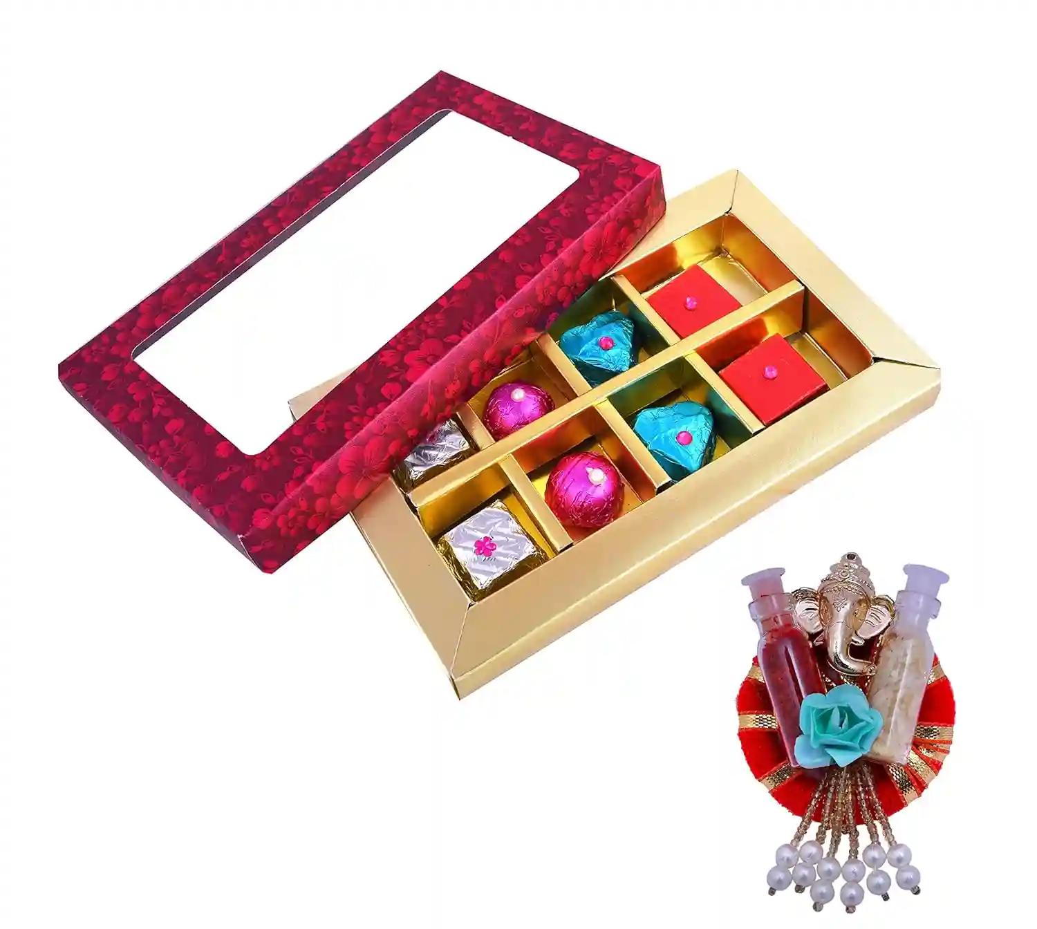 Bhai dooj gift combo with thali/bhaiya dooj roli chawal/Bhaiya dooj gift for brother/bhai dooj thali/bhai dooj gifts for brother-Chocolate box+roli chawal chandan+Roli chawal platter/Pooja Thali