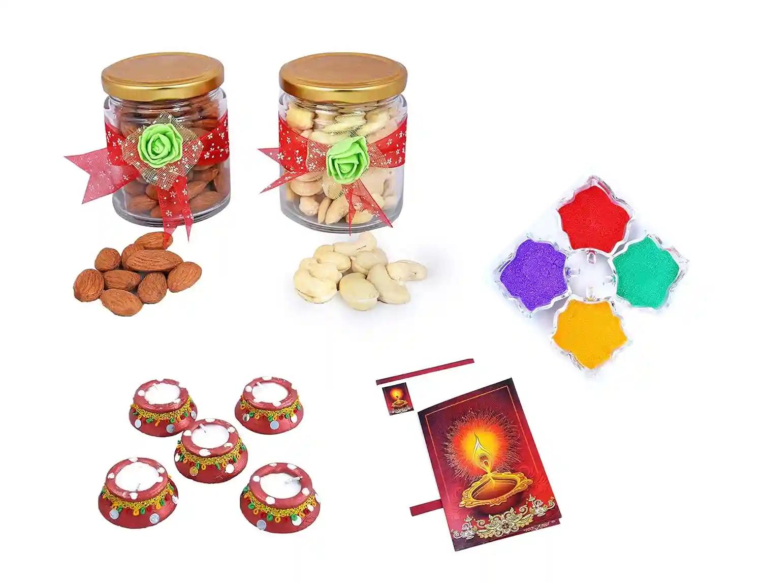 MANTOUSS Diwali Dry Fruit Decorative Glass Jar-Almond and Cashew(100gms Each),200 GMS + 2 Matki Wax Filled Diya, Diwali Greeting Card and Rangoli Colours