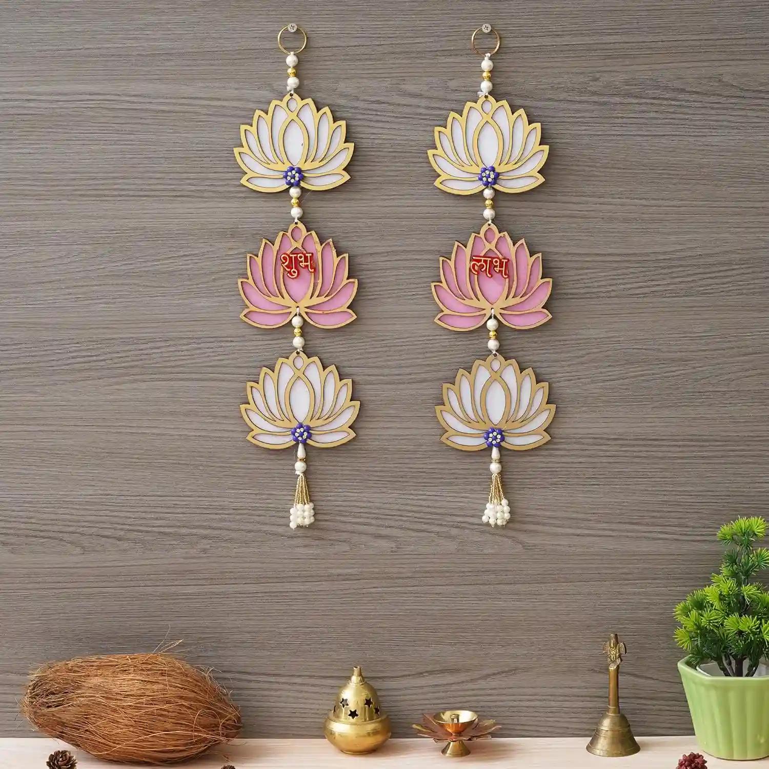 WEBELKART Pink and White Lotus Flower with Shubh Labh Wall Hanging for Diwali Decoration| Wall Decor |Temple Decor Wall Hanging Home and Office Decor (Wood Set of 2) 16" Inches