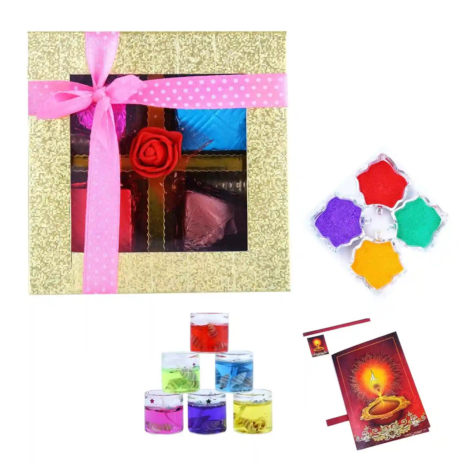 Mantouss Cute Diwali Chocolate Hamper+ 2 Glass Candles Filled with Gel, Greeting Card and Rangoli Colours