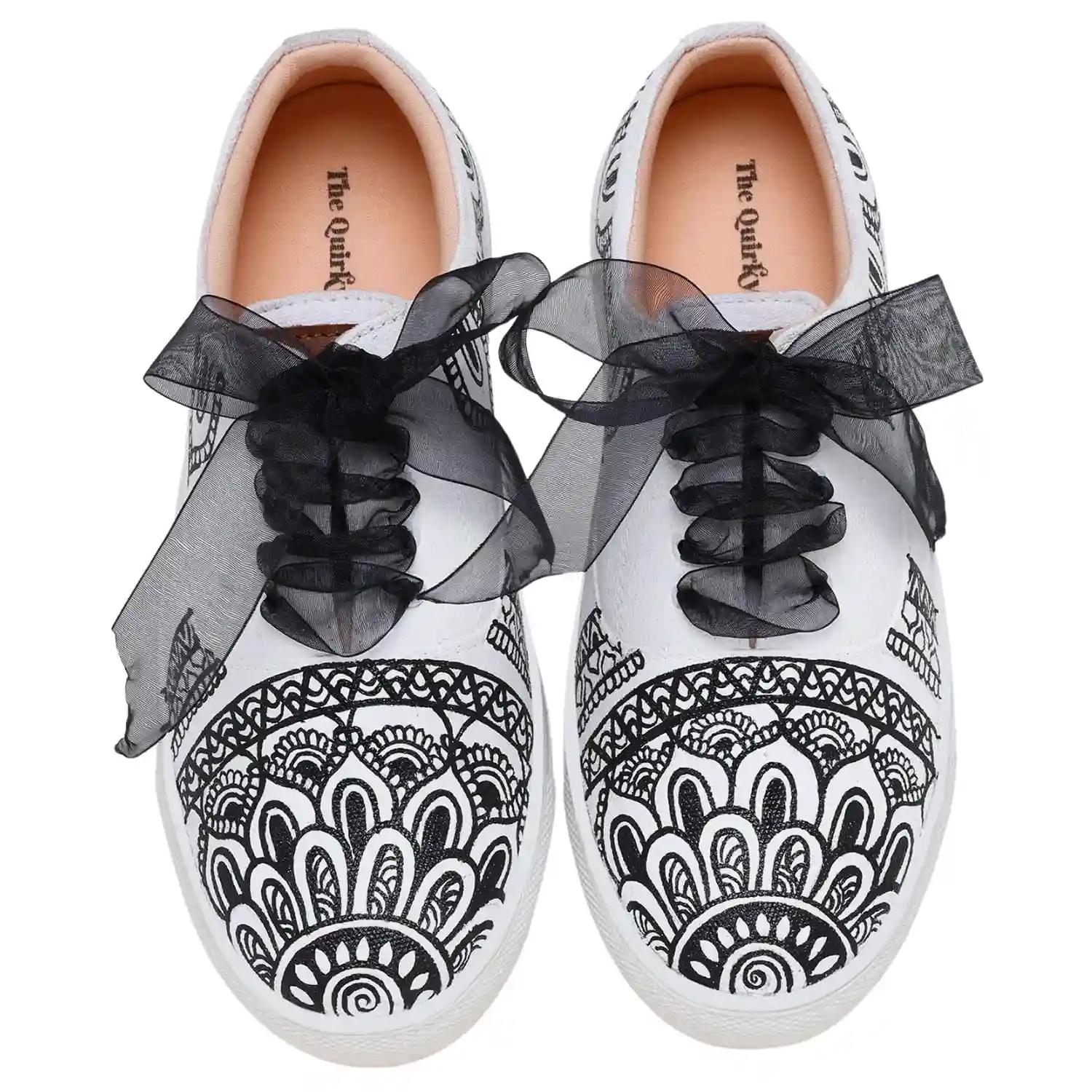 THE QUIRKY NAARI Mandala Sneakers with Mesmerizing Mandala Design | Black & White - 8 UK