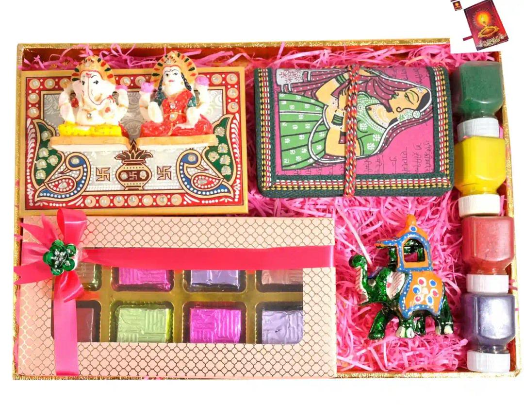 MANTOUSS diwali gift box/diwali chocolate gift hamper/diwali gift items/diwali gifts-decorated tray+Showpiece figurine+handmade diary+decorated ambawadi elephant+rangoli colours+diwali greeting card