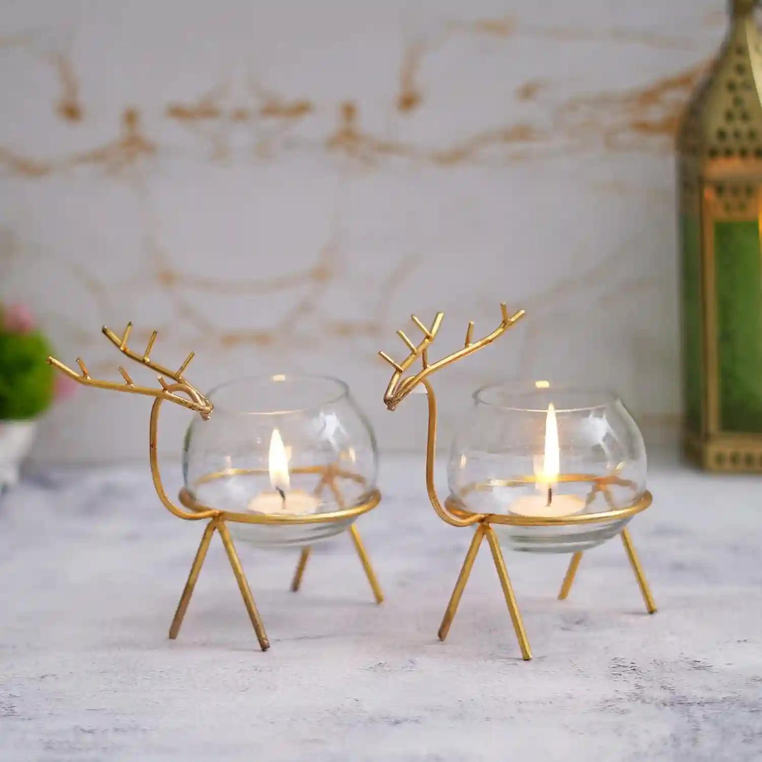 Webelkart Premium Iron Reindeer tealight Candle Holder for Home and Table Decor | Diwali tealight Holder for Home and Dining Room Decor (Gold)