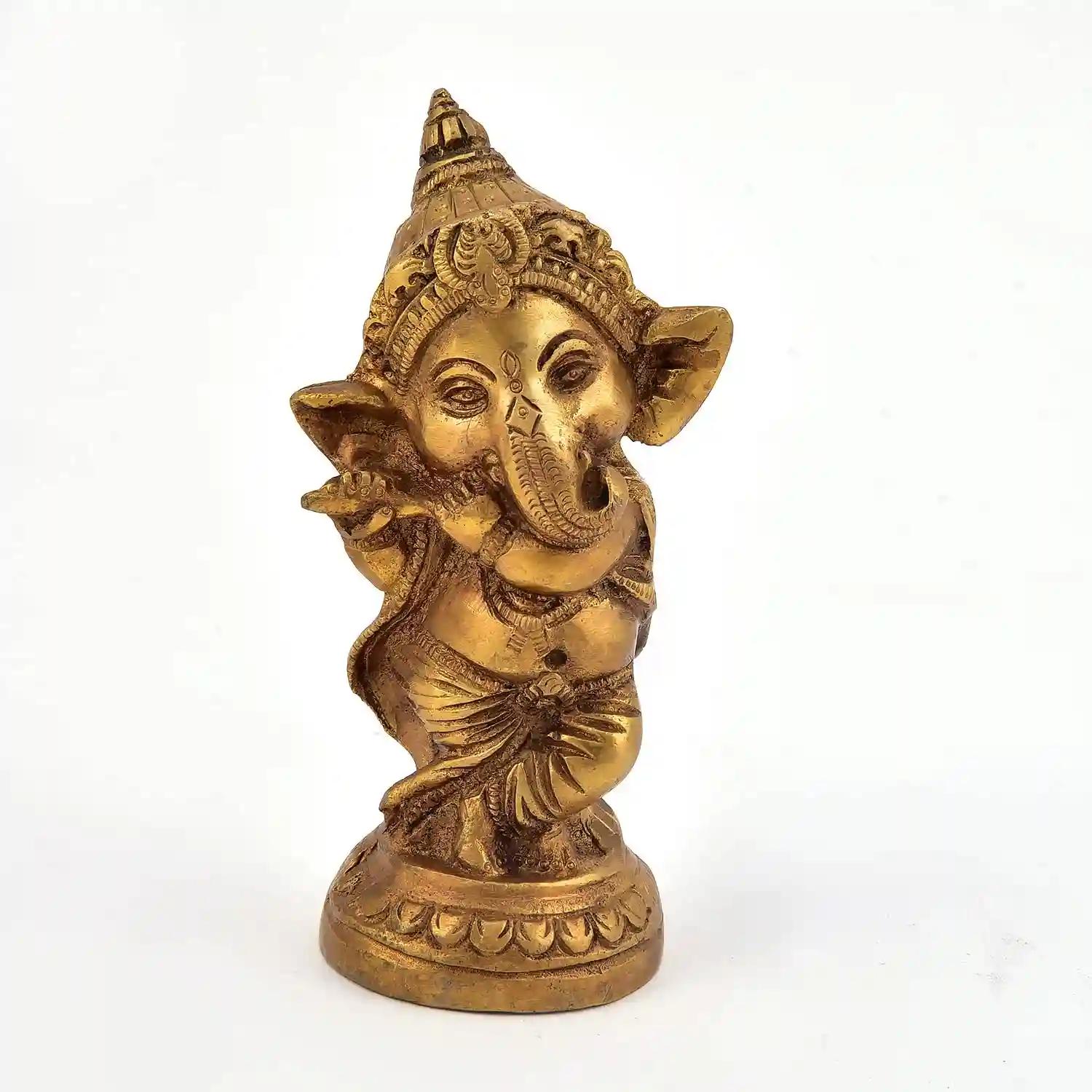 ALODIE- Brass Heavy Dancing Ganesh Idol- Pital Bansuri Ganesh Idol and Figurines for Temple, Home and Kitchen