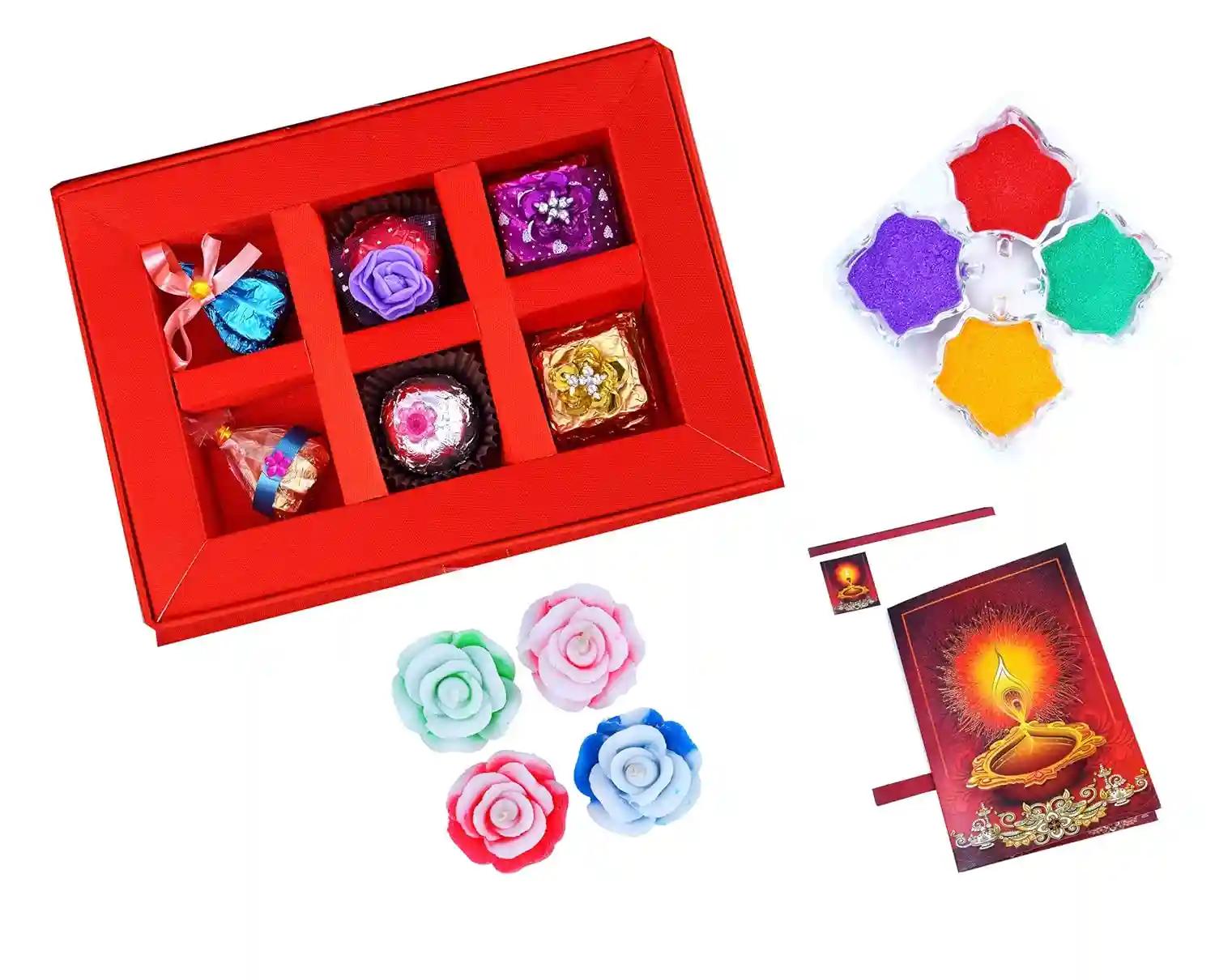 MANTOUSS Diwali Chocolate Gift in Premium Red Satin Box + 2 Floating Diya, Diwali Greeting Card and Rangoli Colours