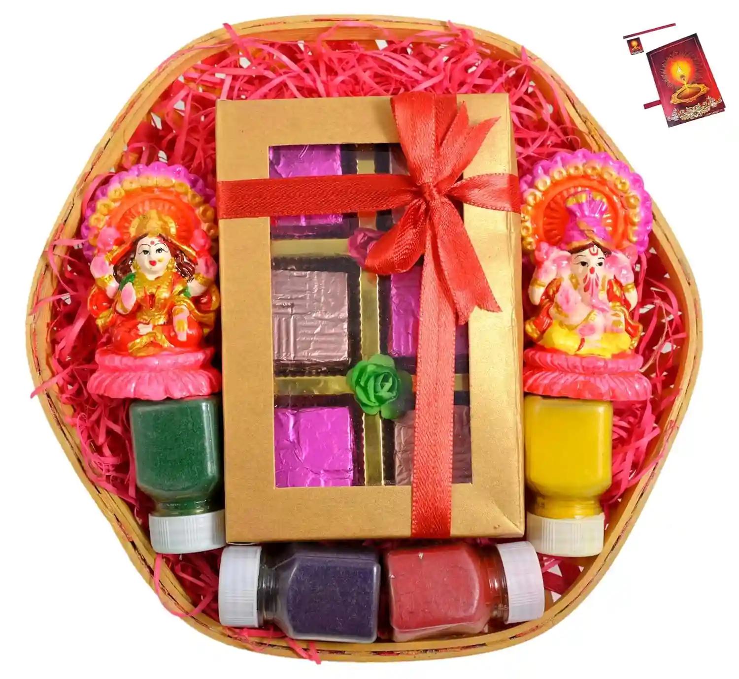 MANTOUSS diwali food/diwali food hamper/diwali gift hamper/diwali gift items/diwali gift hamper-decorated basket+Showpiece figurine+handmade chocolate+rangoli colours+Diwali greeting card