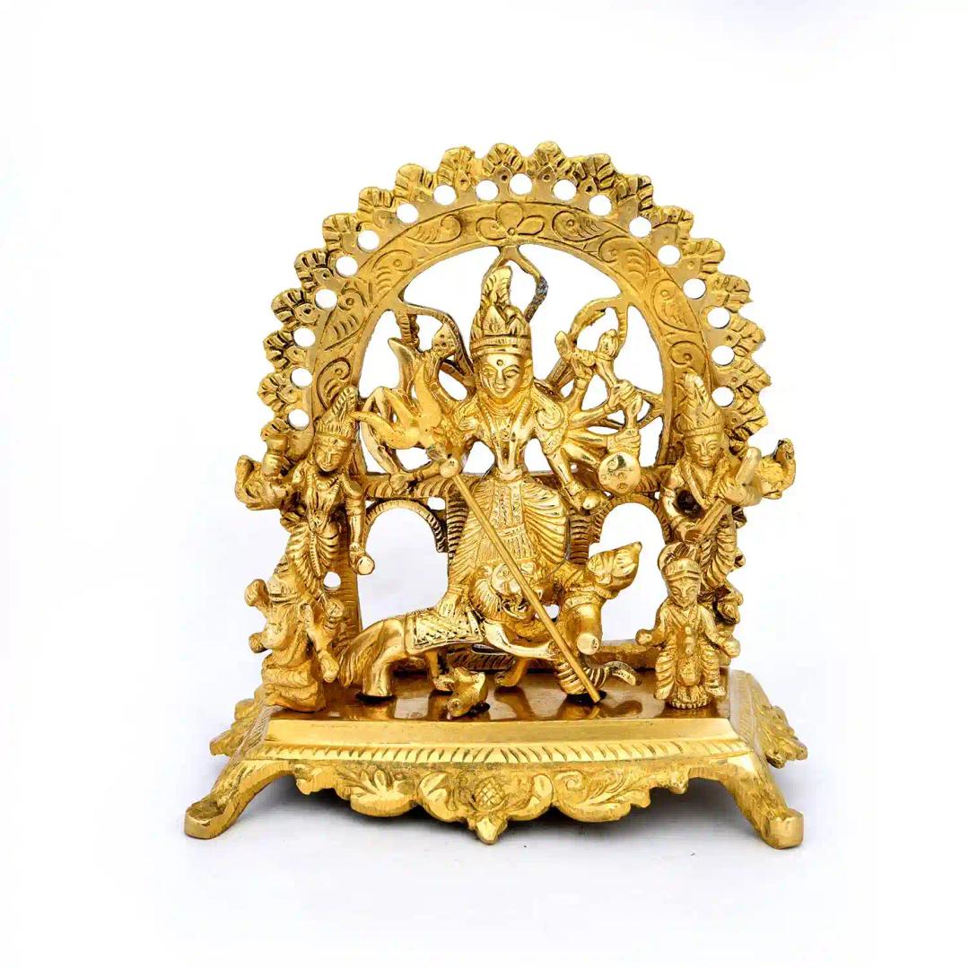 ALODIE- Brass Durga Mahishashur Mardini Family Idol,Brass Gold Plated Durga Family Brass Statue Gift, Home Decor, Hindu God