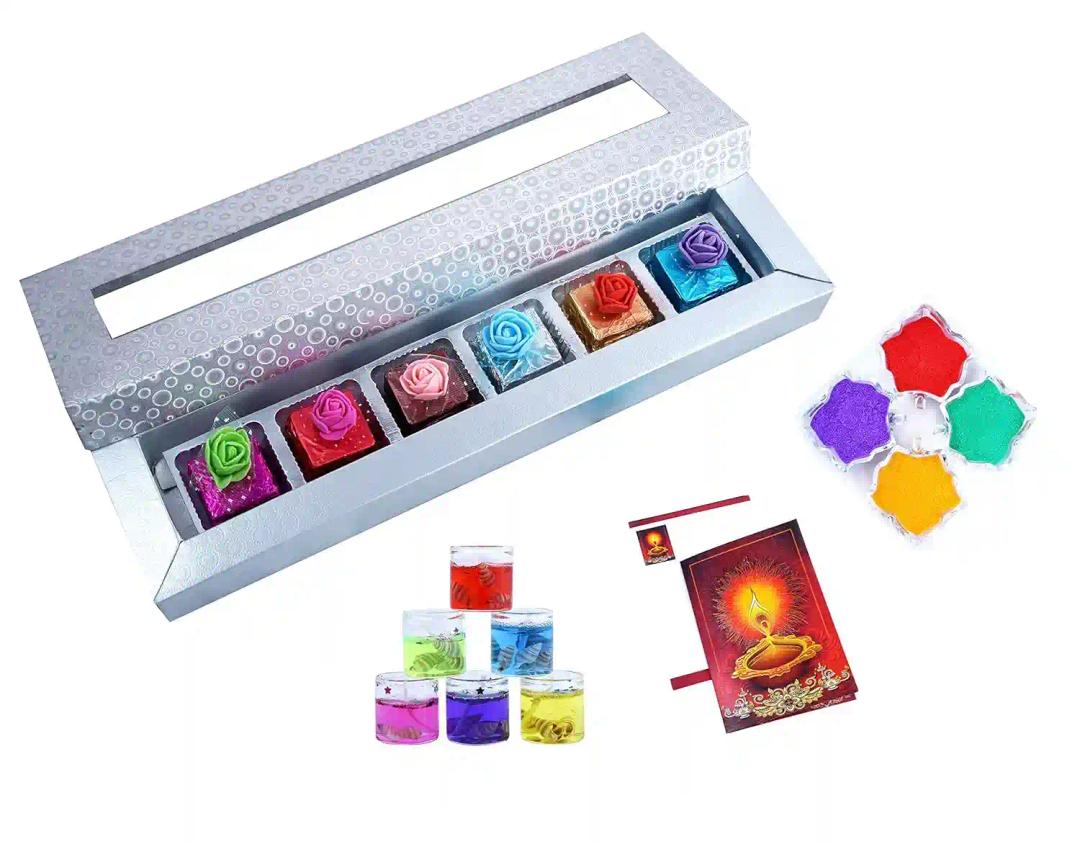 MANTOUSS Deepawali Luxury Chocolate Hamper (Silver) + 2 Gel Filled Glass Candle, Diwali Greeting Card and Rangoli Colours