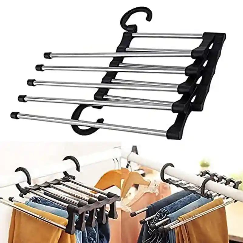 KHUSHIYA ENTERPRISE 5 in 1 Foldable Hanger, Multi-Layer, Multi-Purpose, Clothes Hanging Stainless Steel, Pant Hangers for Wardrobe Hanger,Space Saver Storage for Trousers, Scarf, Tie and Belt