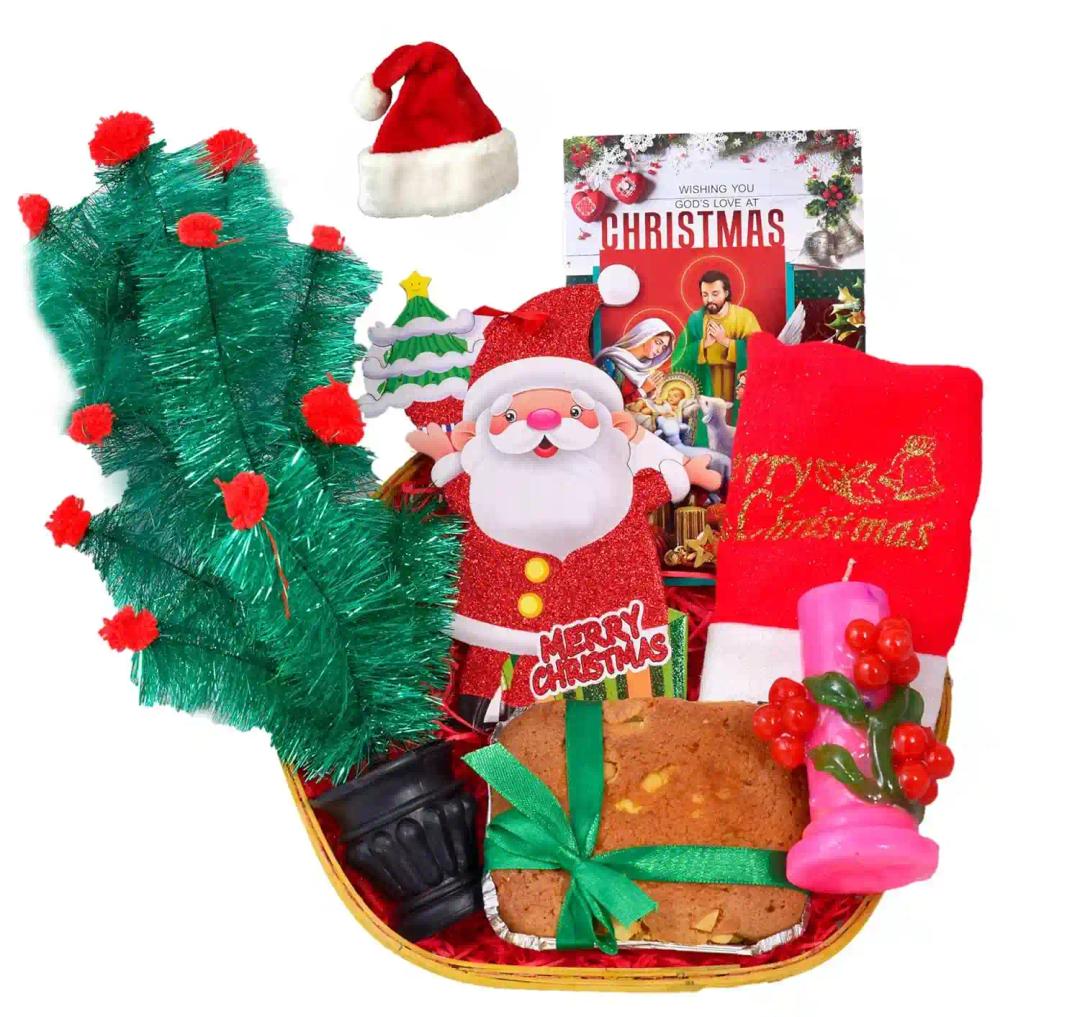 Christmas Cake Gift Hamper/Christmas Gift for Kids/Christmas Gifts-Decorated Basket+200gms of veg Cake+Christmas Tree+Christmas Decorative hangings+Santa Claus Cap+Cherry Tree Candle+Christmas card