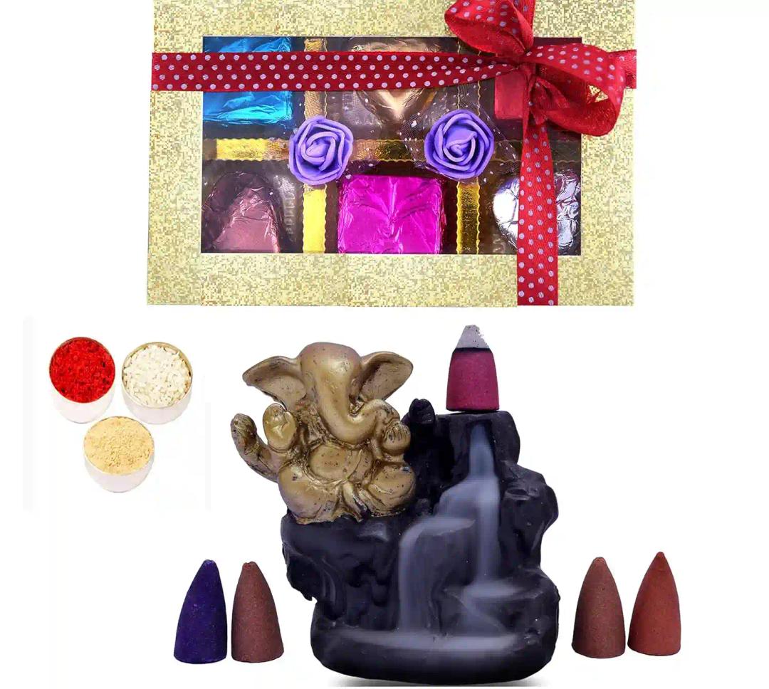 Bhaiya dooj roli chawal/bhai dooj gift set for brother/bhaiya dooj tikka/bhaiya dooj tikka with chocolate/bhai duj gift for brothers-Chocolate box+1 Backflow Incense Holder+roli chawal and chandan