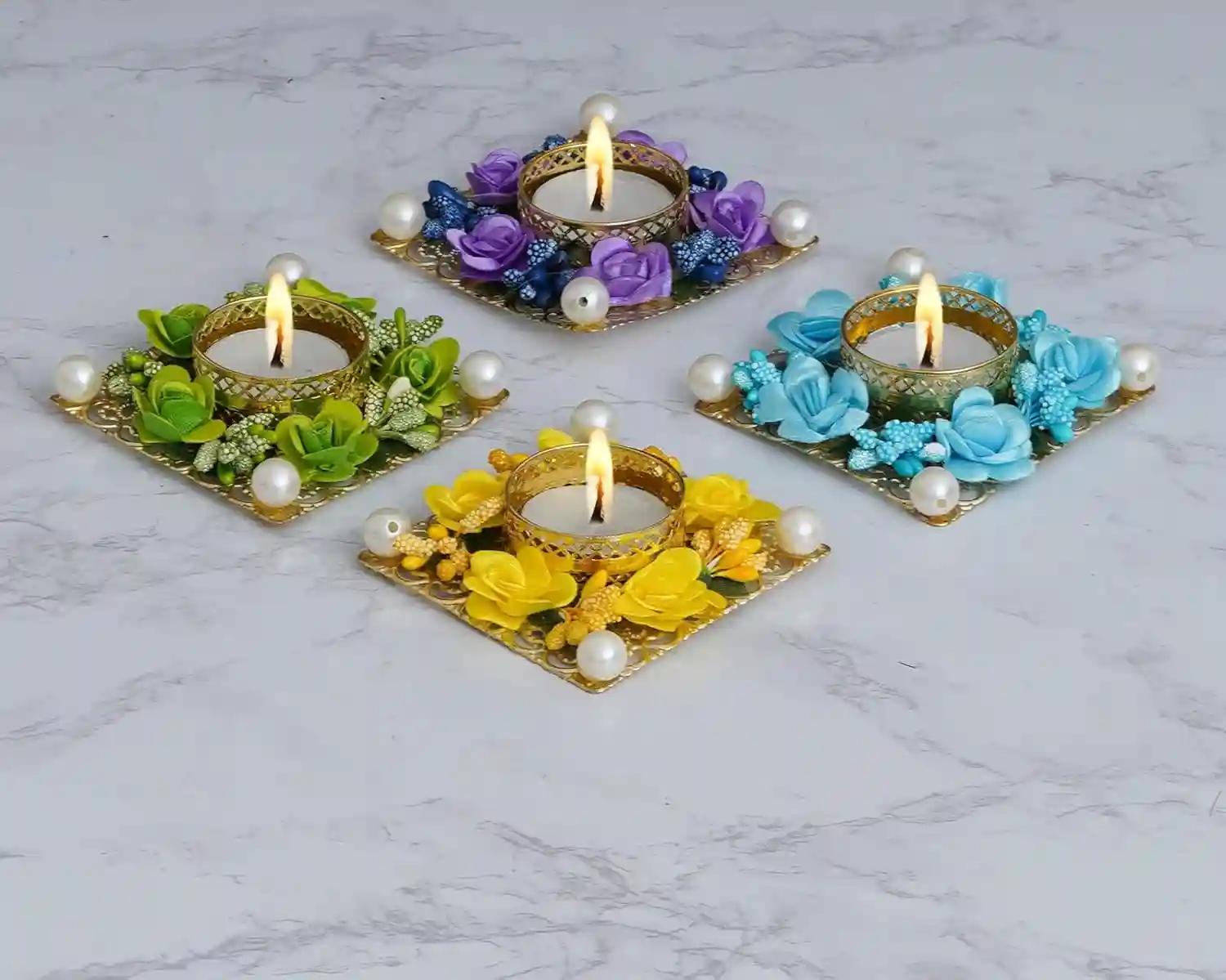 WEBELKART Premium Handmade Set of 4 Tealight Candle Holder for Home and Office Decor | tealight Candle Holder for Diwali Decorations| Flower Diya tealight Candle Holder (Pack of 4, 3.5 Inches)