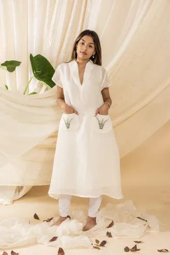 Linen Short Dress With Hand Embroidery