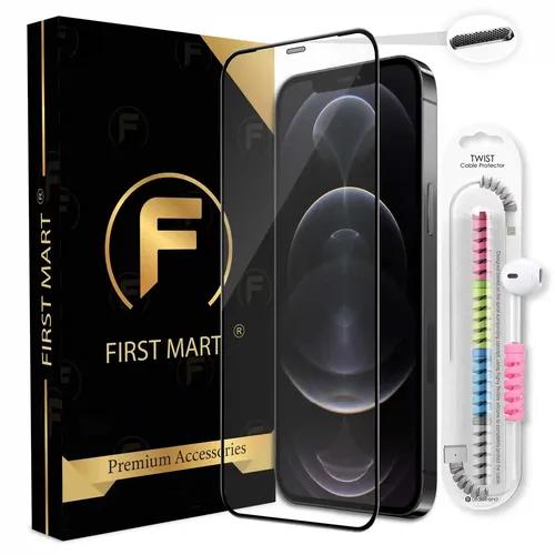 FIRST MART Premium Tempered Glass for iPhone 12 Pro Max Edge to Edge Screen Coverage, Speaker Mesh Dust Filter & Cable Protector with Easy Installation Kit