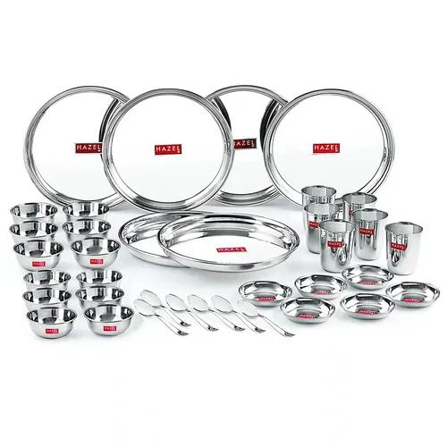 HAZEL Stainless Steel Dinner Set of 36 | Dinner Set Steel (6 Steel Plate, 6 Steel Glass, 12 Serving Bowl, 6 Dessert Plate, 6 Spoon Set) 36 Pieces, Silver