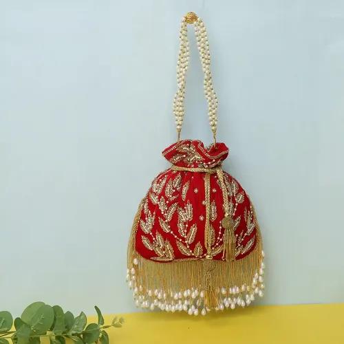 Evening Heavy Embroidery Potli Bag For Women - Red & Gold