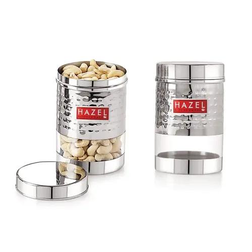 HAZEL Stainless Steel Hammered Finish Transparent Glossy See Through Container, Set of 2, 600 ML Each, Silver