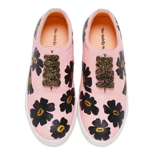 THE QUIRKY NAARI Handpainted Black Pansies Sneakers in A Classic Whimsy Design - 4 UK