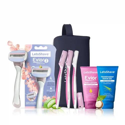 LetsShave Evior 3 Gift Set For Women (Evior 3 Sensitive + Face Razor (3) + Body Lotion 30Ml + Transparent Shave Gel 30 Ml + Travel Pouch)