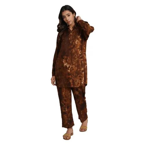 Brown Tie And Dye Rayon Long Co-Ord Set (Set of 2) - X-Small