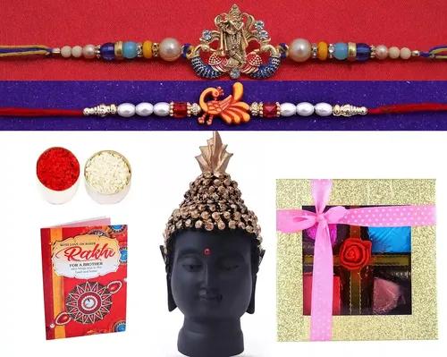 Rakhi For Brother And Bhabhi/Rakhi Gift Combo/Rakhi Chocolate Gift With For Brother- Designer Rakhi For Brother With Raksha Bandhan Greeting Card/Rakhi Gift Set With Roli Chawal Tikka