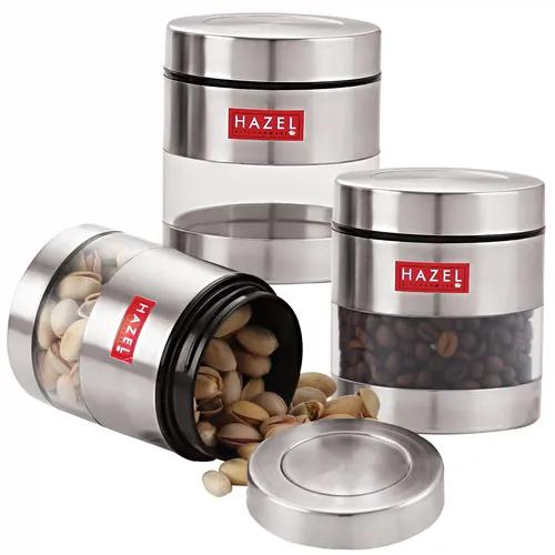 HAZEL Stainless Steel Transparent See Through Container Set of 3, Silver, 400 Ml Each