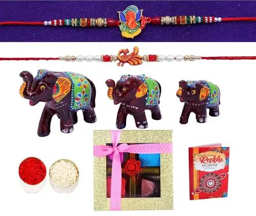 Rakhi Gift For Brother/Rakhi For Brother Combo/Rakhi For Brother With Gift Combo Set/Pack Of 2 Rakhi For Brother-Kundan Rakhi+Beads Rakhi+Elephant Showpiece+Roli, Chawal+Rakhi Greeting Card