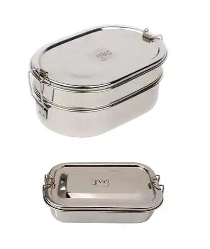 Jvl Stainless Steel Rectangular Single Layer Lunch Box With Inner Plate & Big Capsule Double Layer Lunch Box Not Leak Proof - Pack Of 2