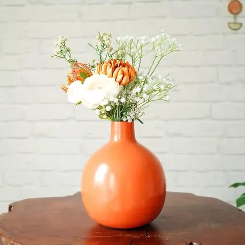 Behoma Metal Flower Vase for Home Decor| Decoration Item for Living Room Office| Table Decorative Flower Pot for Gifting (1Pcs Orange)(Flower not Included)