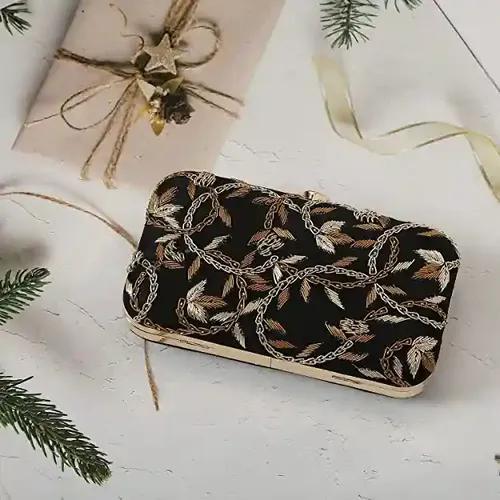 Embroidery Party Clutch For Women - Black