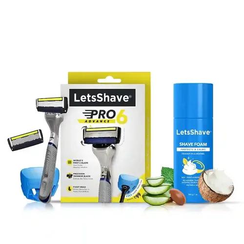 LetsShave Pro 6 Advance Shaving Trial Kit (Razor + Shave Foam) For Men 6 Blade Razor With Precision Trimmer Blade