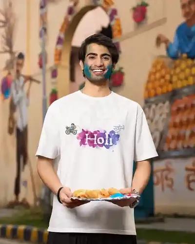 Vibrant Holi Adventure Men's Tee | 100% Premium Bio Wash Cotton T-Shirts - S  (White)