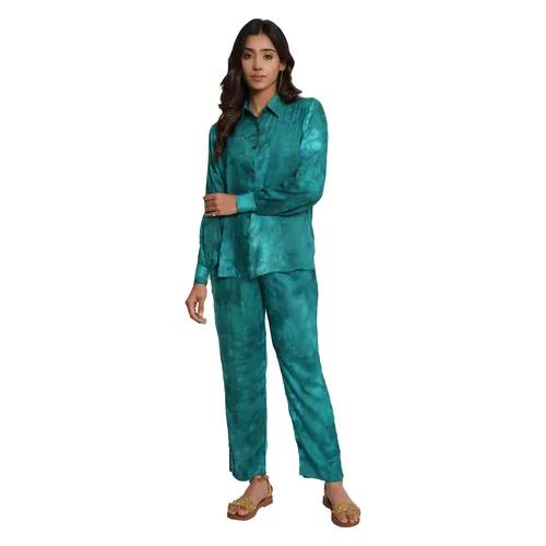 Teal Green Tie And Dye Rayon Short Co-Ord Set (Set of 2) - X-Small