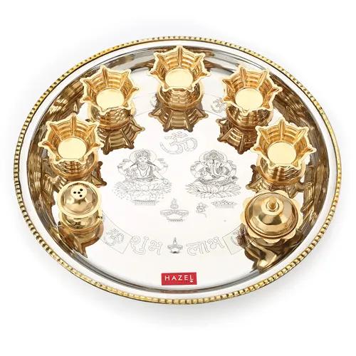 HAZEL Stainless Steel Pooja Thali Set for Aarti | Golden and Silver Color Aarti Thali with 5 Diya & 1 Agarbatti Stand | Aarti Thali for Pooja for All Occasion