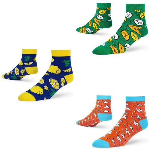 DYNAMOCKS Men's and Women's Combed Cotton Ankle Length Socks (Pack of 3) (Multicolour, Free Size)_Origami_Lemons_Fresh