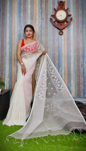 White Reshom Silk Handloom Jamdani Saree