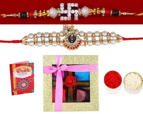 Mantouss Rakhi For Brother Combo/Rakhi Gift For Brother/Set Of 2 Rakhi For Brother With Gift-Lord Krishna Rakhi+Swastik Rakhi+Roli, Chawal+Chocolate Box+Rakshabandhan Greeting Card