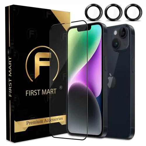 FIRST MART for iPhone 14 Plus Tempered Glass and 1 Set of Individual Black Camera Rings Protectors, 2.5D Curved Edges, Full-Coverage Military-Grade Protection, Scratch Resistant | Black Rings